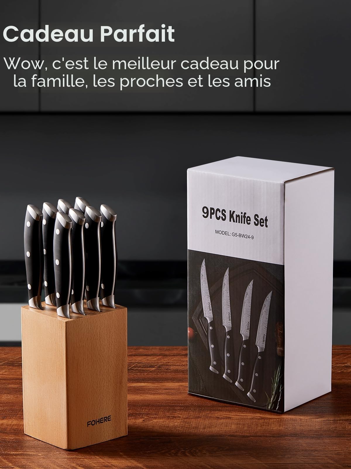 Couteaux à Steak, 8 Pièces Couteaux de Table avec Bloc à Couteaux, Ensemble de Couverts à Steak à Lame Droite Extra Tranchante, avec Motif Damas, Poignée Pleine Soie, Couteaux pour Maison et Cuisine