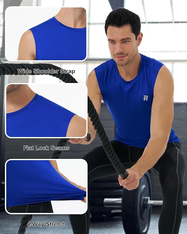 Runhit 3 Pack Compression Tank Top Men Workout Athletic Undershirt Breathable Sports Base Layer Shirts for Running Basketball Black/White/Royal 3XL by Runhit - Used condition - Image 3