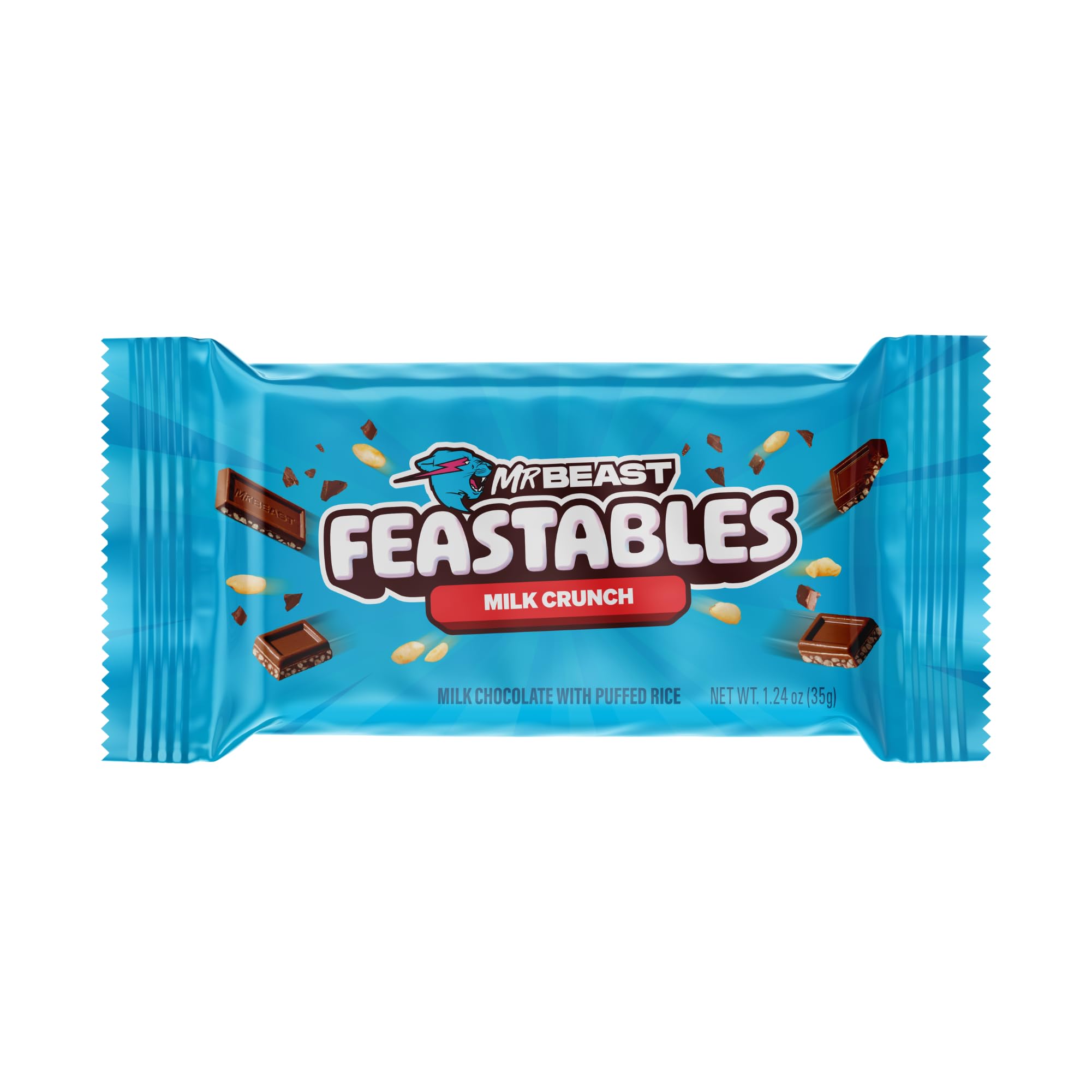 FeastablesMrBeast Milk Chocolate Crunch Chocolate Bar, Full Size Bar for Adults & Kids, Candy Bars for Halloween Candy, Snacks, Gifts, & Dessert, Fairtrade Cocoa, 1.24 Oz Each, 24 Count