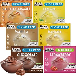 SimplyDelish Sugar-Free Instant Pudding Variety 6-Pack: Strawberry, Chocolate, Vanilla, Banana, Salted Caramel, Lemon - Keto, Vegan, Diabetic-Friendly, Kosher