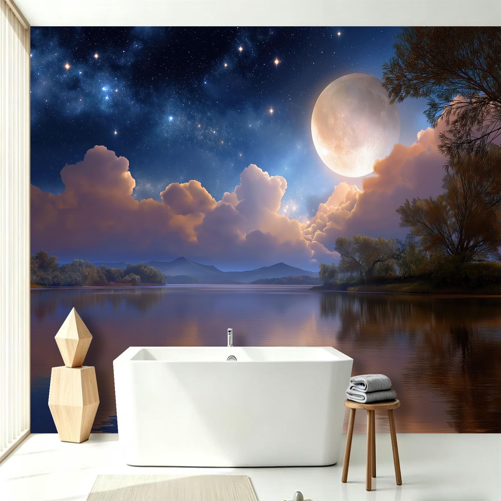 Nocne niebo księżyc jezioro tapeta - gwiaździste niebo jezioro marzycielski design fototapeta - murale ścienne do salonu, sypialni, pokoju dziecięcego i kuchni, fototapeta i dekoracja wnętrz, 200 x