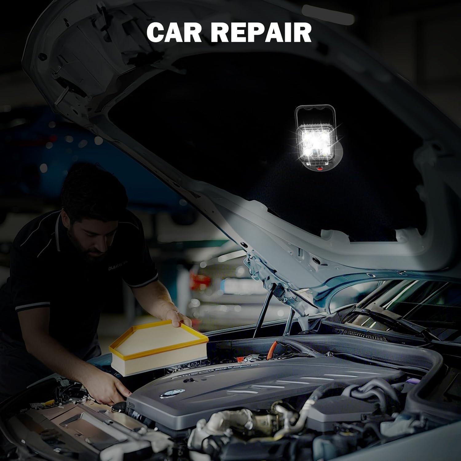 15W LED Work Light Base Strong Magnet Aluminum Alloy 2000LM IP65 Waterproof Dustproof Portable Handle Floodlight Suitable for Repair Shop Garage Construction Site (White Light)