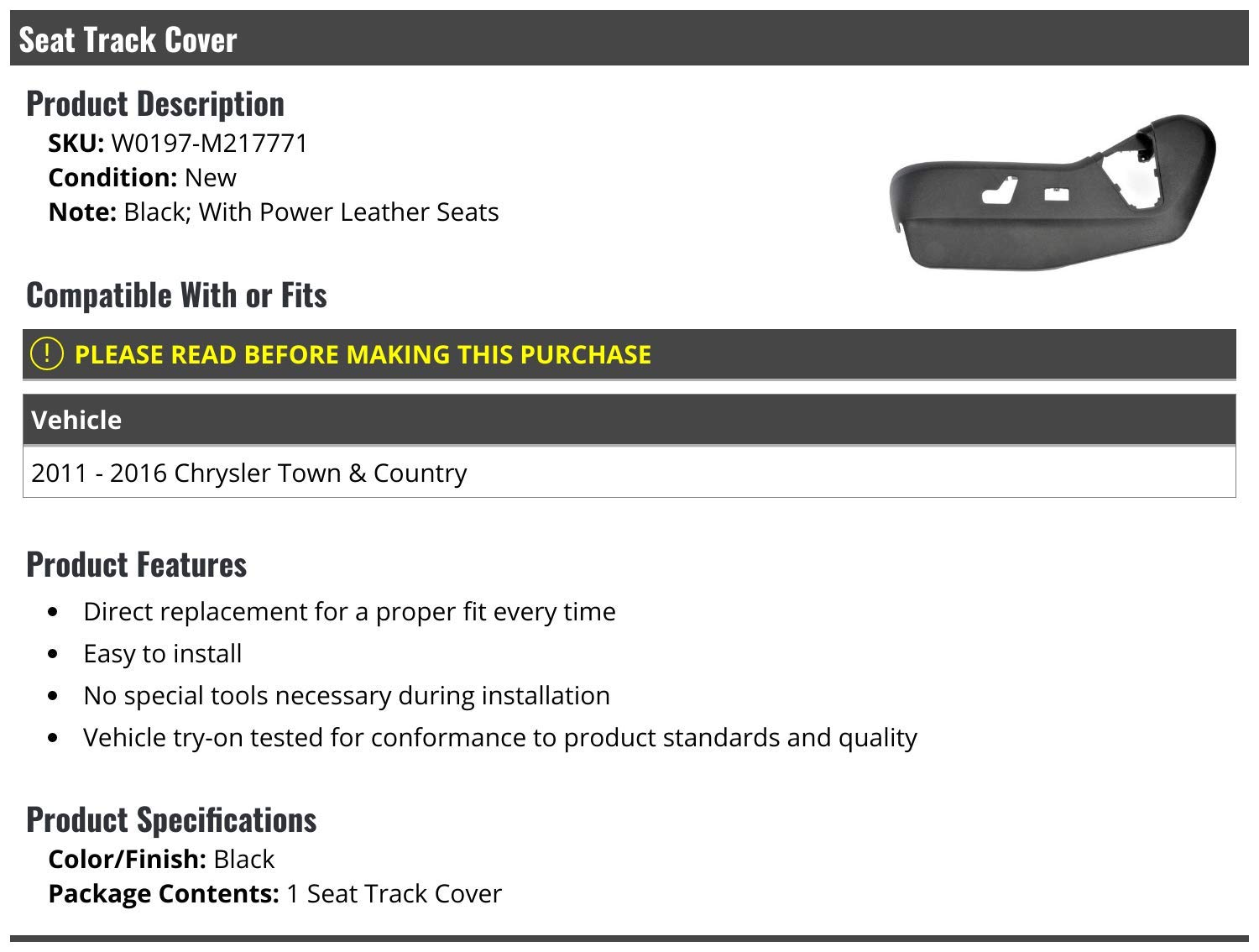 Marketplace Auto Parts Seat Track Cover - Black with Power Leather Seats Compatible 2011-2016 Chrysler Town and Country