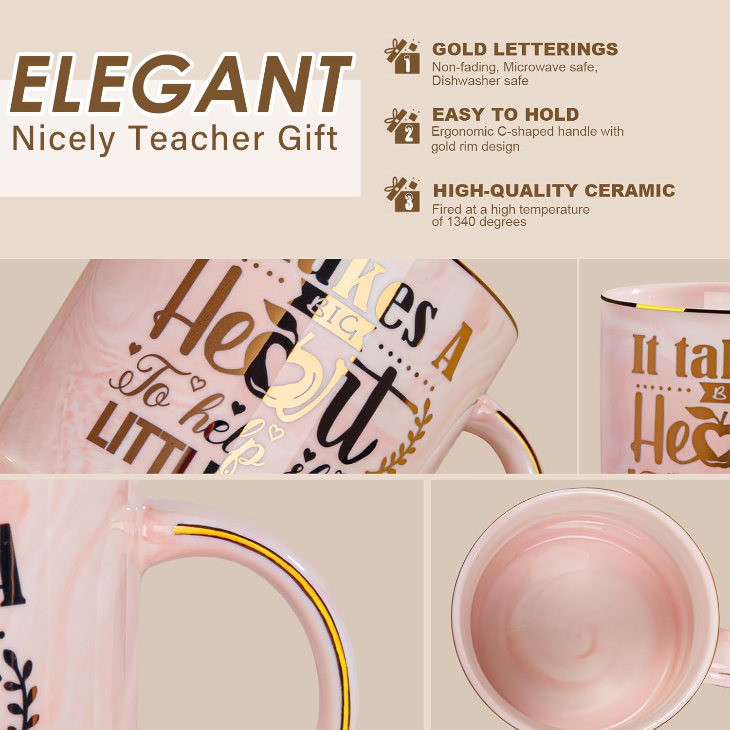 Teacher Appreciation Gifts for Women, Best Thank You Teachers Mug Gift from Student - 14Oz Pink Marble Ceramic Cup with Gold Print, Teacher Graduation Gifts Ideas with Spoon Elegant Box Christmas Gift - Image 5
