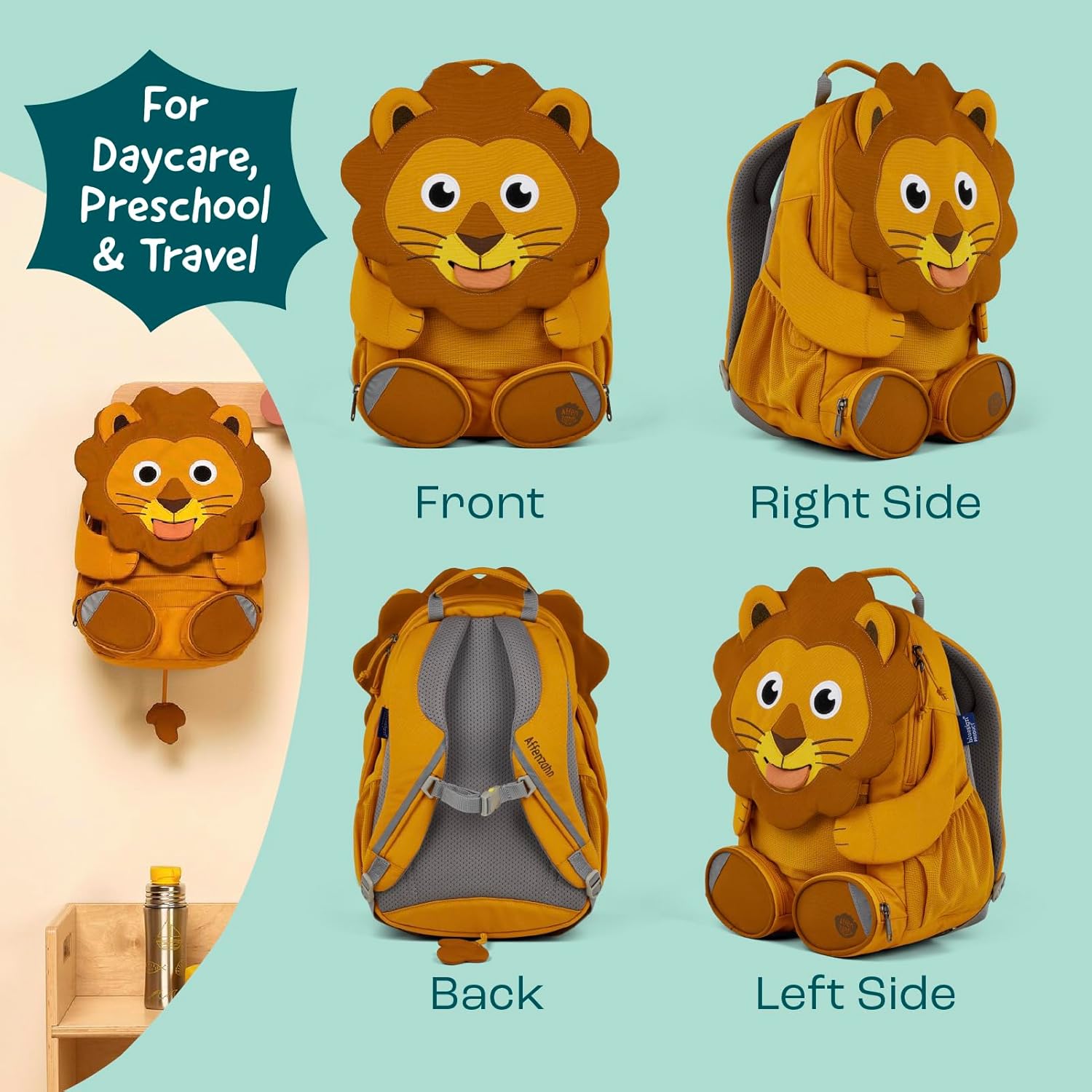 Affenzahn - Large Friend - Toddler/Kids Animal Backpack - For Daycare, Preschool & Travel - Pull-Out Tongue & Hook & Loop Paws - Water-Repellant - Easy to Clean - For Boys & Girls Ages 3-5 - 8 L -Lion
