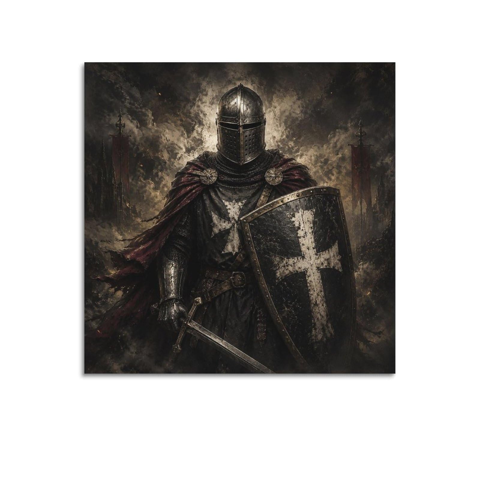 XKUGA Teutonic Knight Gothic Vintage Shield Poster Woodsmoke Armor Modern Decorative Canvas Prints - Ideal Wall Art for Family, Man Cave, Game Room, Boys & Girls Bedroom 12x12inch(30x30cm)