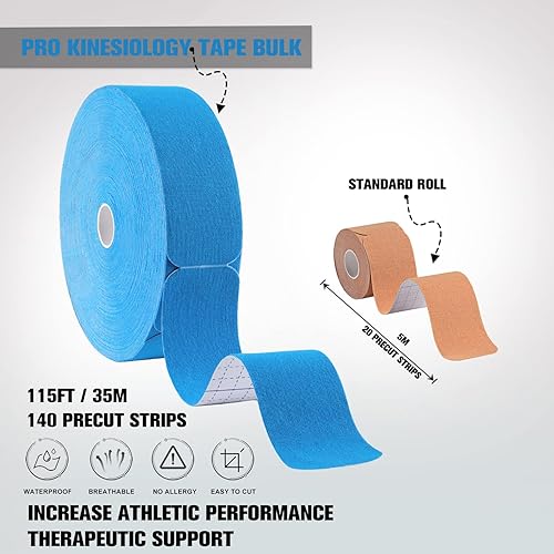 Miniatura 10 de Cinta de kinesiología profesional precortada a granel, cinta de kinesiología atlética de 115 pies para aliviar el dolor muscular, soporte