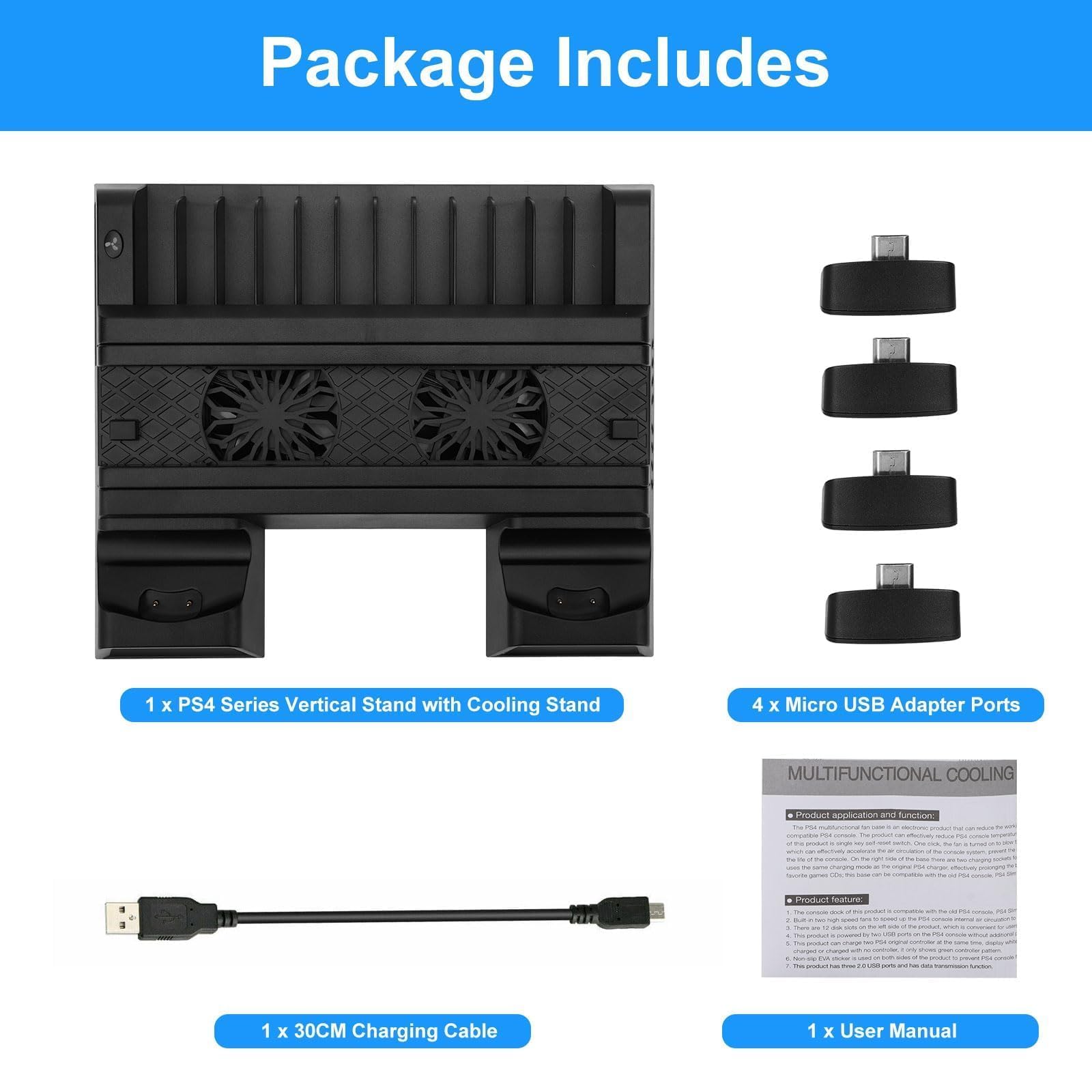 EEEKit Podstawka z Wentylatorem do Playstation 4 Pro, Zewnętrzny Chłodzenie Wentylator do PS4 Slim ze Stacją Ładującą dla 2 Kontrolerów, Hub USB, Przechowywanie 12 Gier