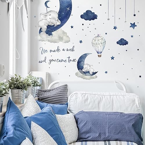 Miniatura 3 de Yovkky Juego de 2 calcomanías de pared con diseño de elefante durmiente en acuarela, soñar con Big Little One, decoración de luna y estrella, nube,