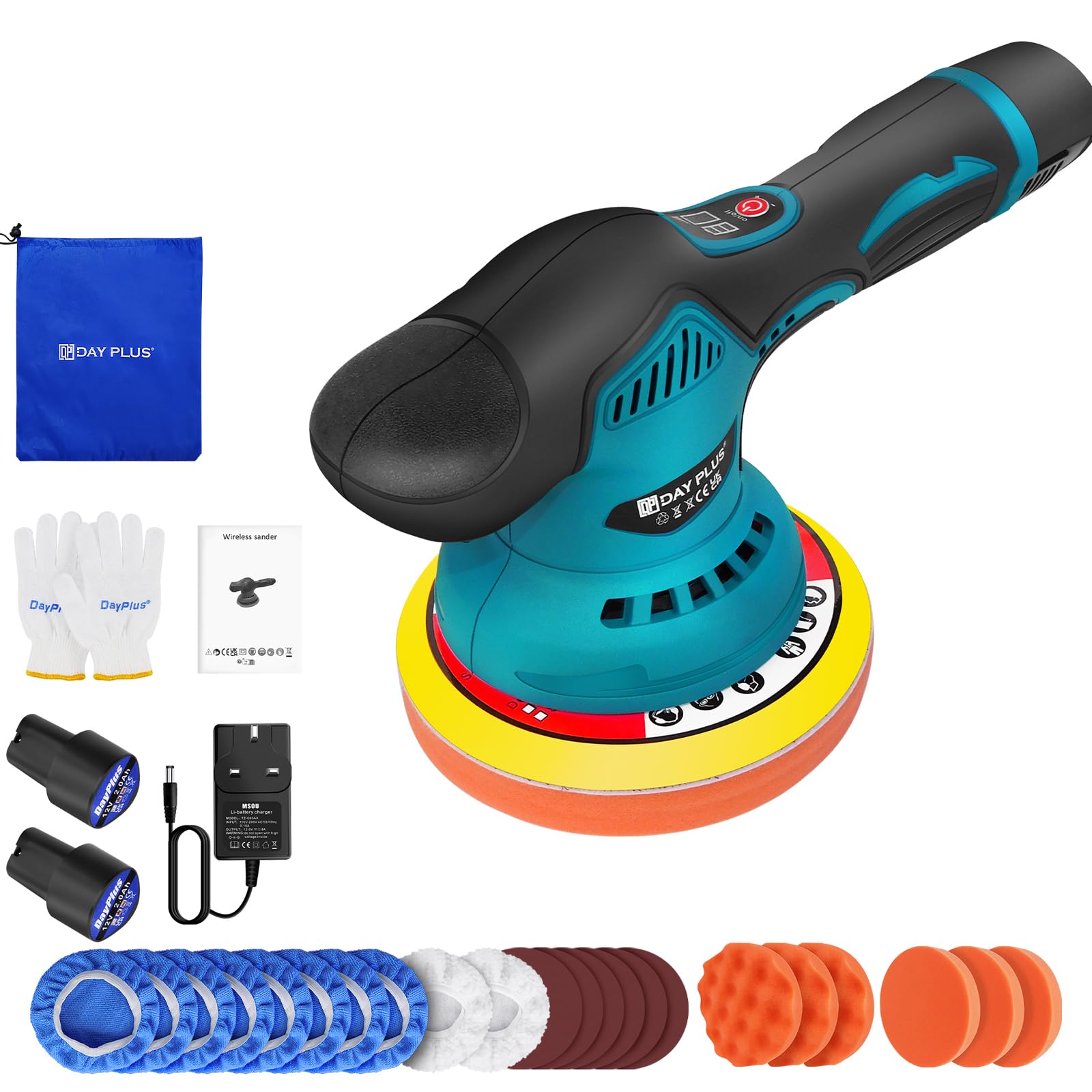 Polisseuse de voiture sans fil 21 V, kit de cire de polissage 22 pièces, polisseuse excentrique pour voiture, polisseuse excentrique 12 mm, 8 vitesses variables, pour l'entretien de la voiture, le