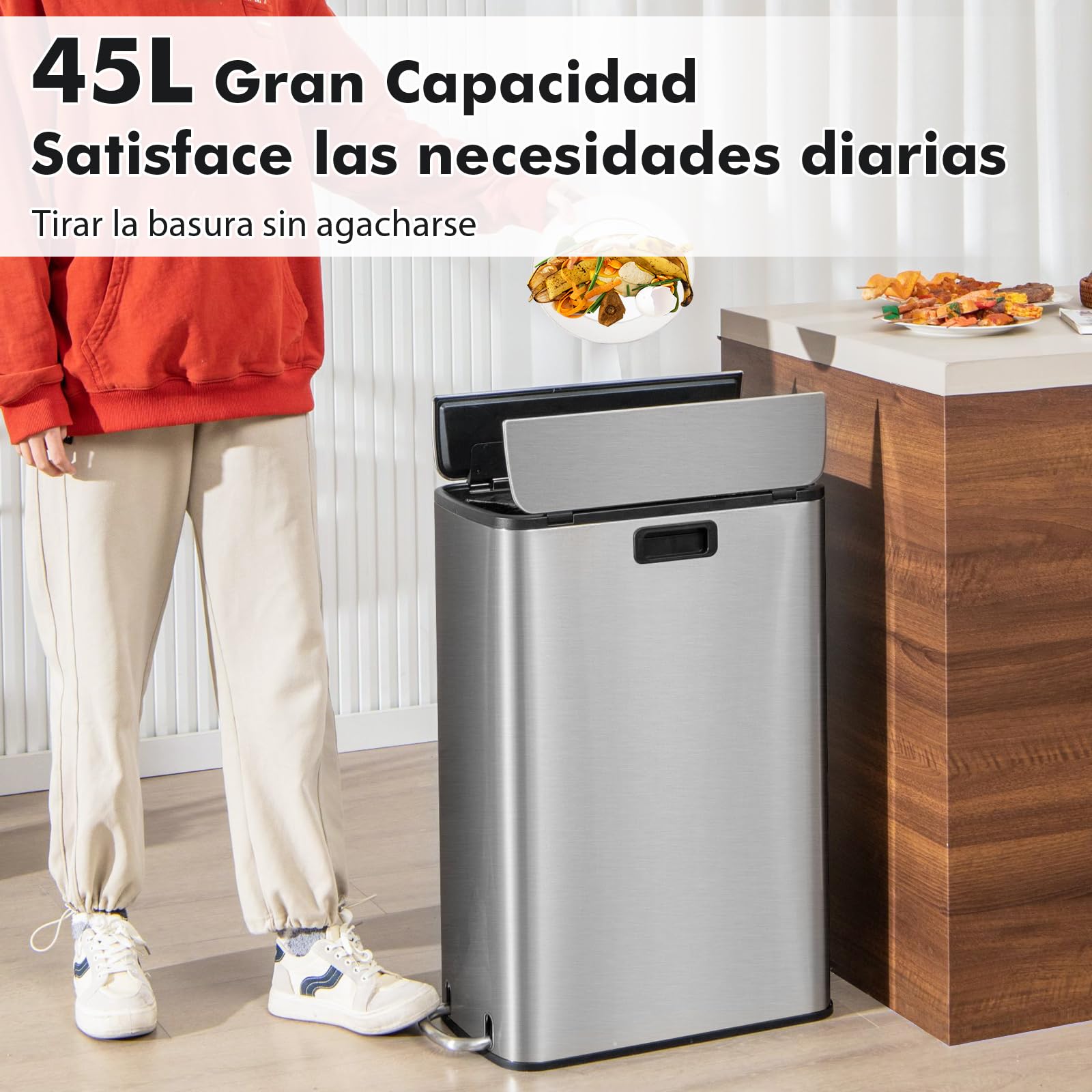 GIANTEX Cubo de Basura de Acero Inoxidable, Bote de Basura de 46 Litros, con 2 Tapas y Pedal, Cubo Interior Extraíble, 26 x 52 x 68 cm, Cubo de Basura para Cocina, Comedor, Inodoro