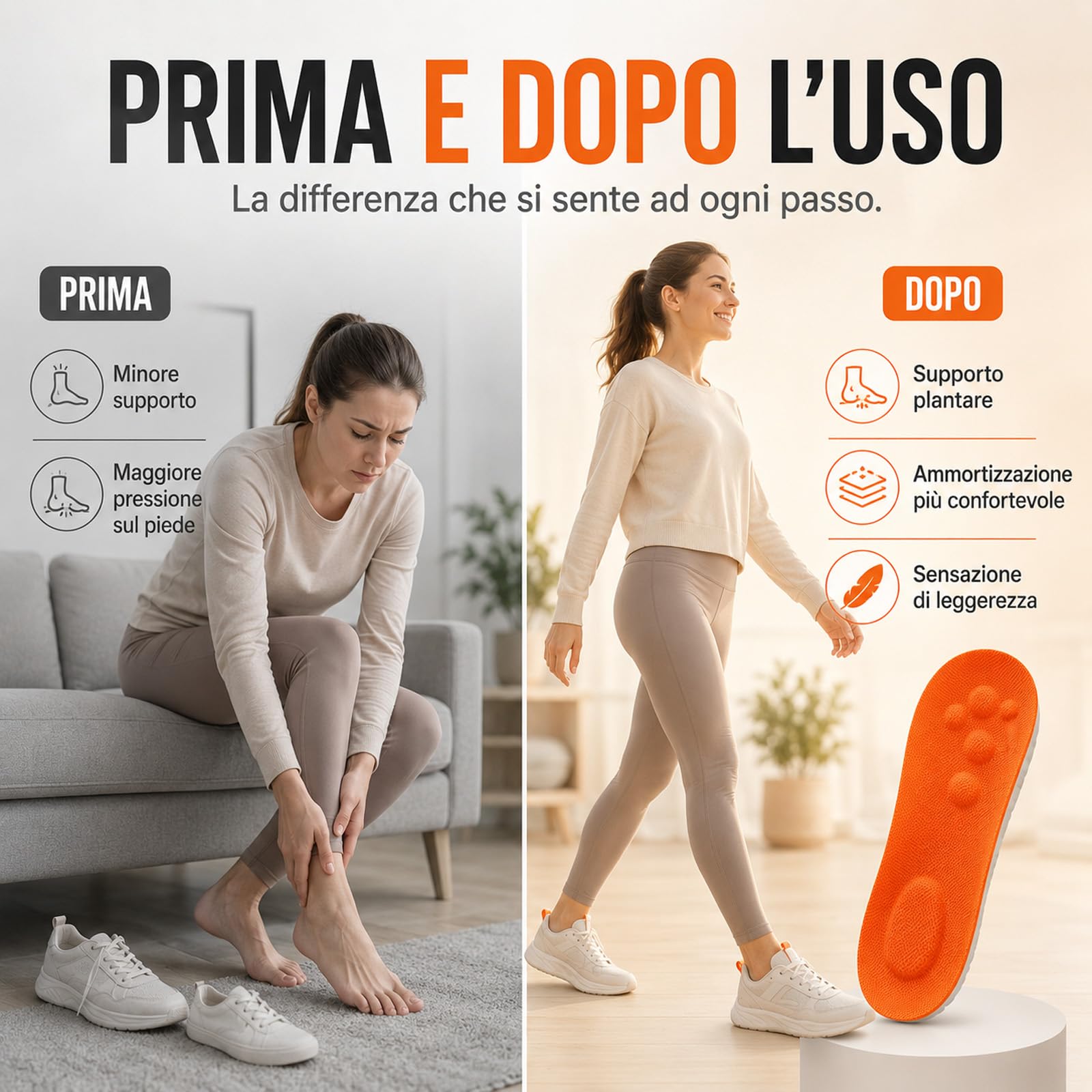 Plantari Stepvia Ortopedici Ammortizzanti, Traspiranti e Antiscivolo, Riducono Stanchezza e Dolore ai Piedi, Ginocchia e Schiena, Unisex Uomo Donna (Arancia, 43-44)
