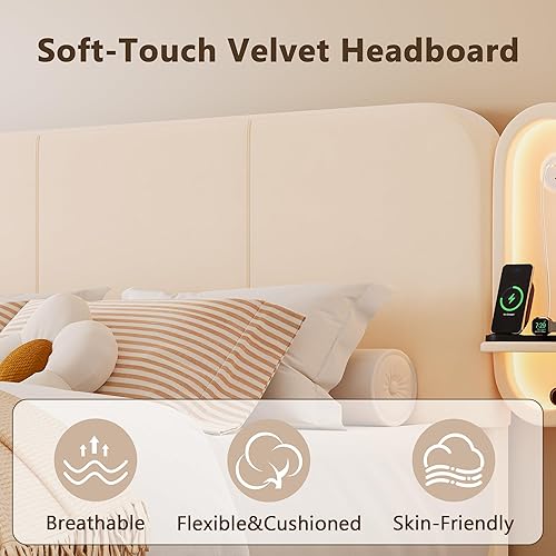 Miniatura 3 de Base de cama tapizada tamaño Queen con 2 cajones de almacenamiento y cabecera de estante lateral, marco de cama de terciopelo con luces LED, puerto