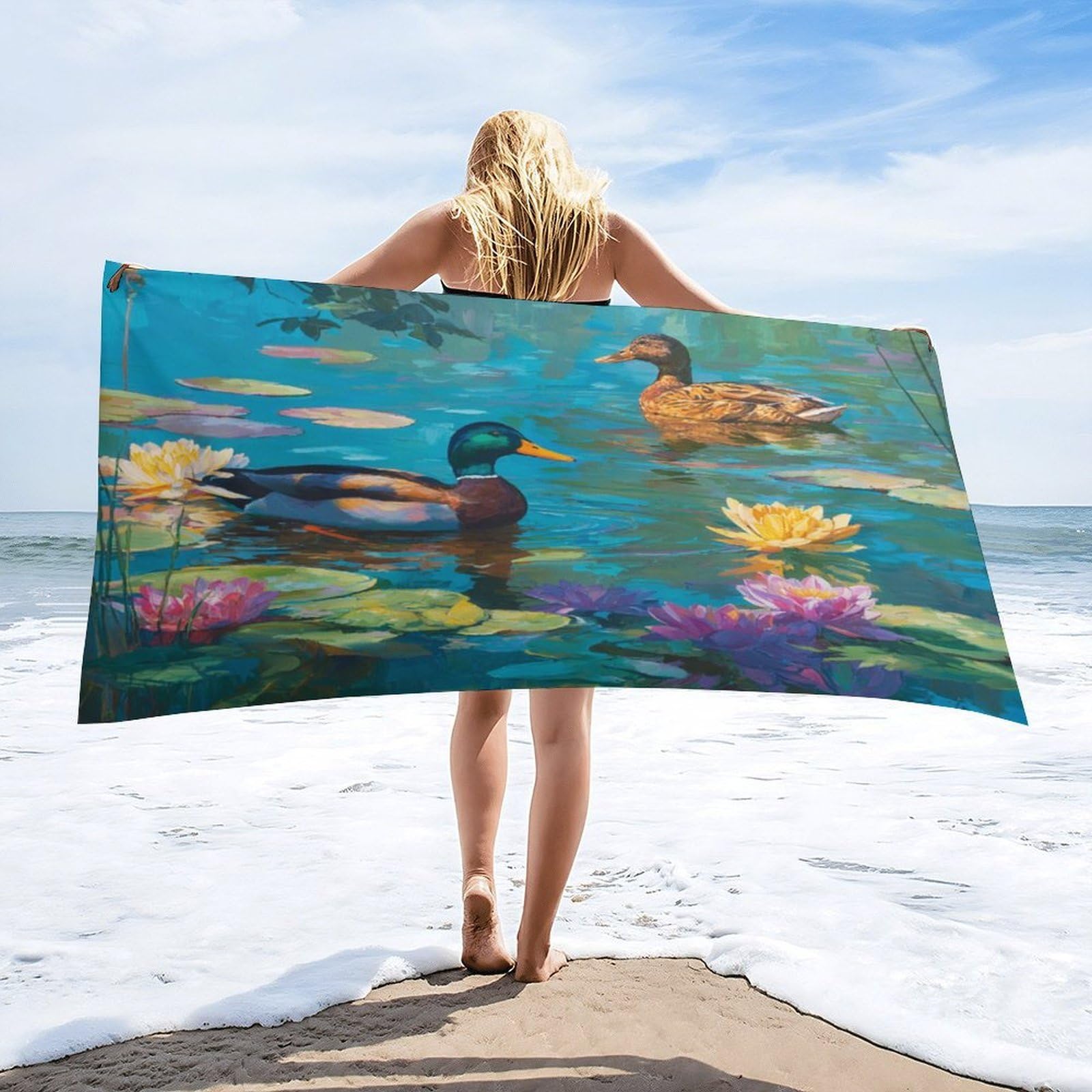 Luyysky Colorful Vintage Animal Duck Absorbent Beach Towel, Rustic Watercolor Plant Lotus Floral Wildlife Mallard Outdoor Single-Sided Velvet Beach Towel-80 W Cm X 160" L Cm