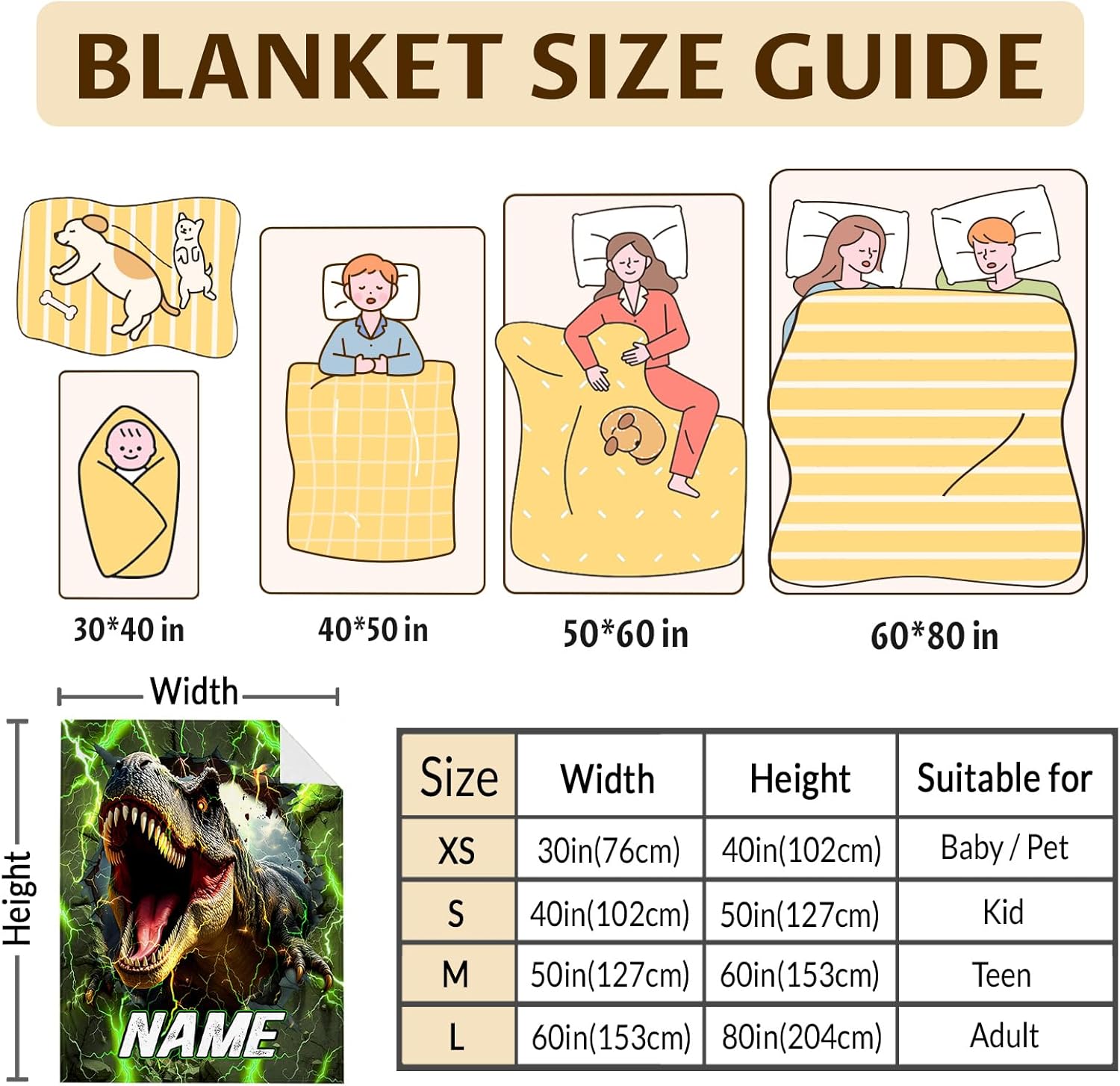 Boys Blanket Gifts for Kids Dinosaur Lovers, Personalized 50x60 Inches Cozy Comfort Lightning Dinosaur Blankets Throws with Name for Bed Couch Living Room