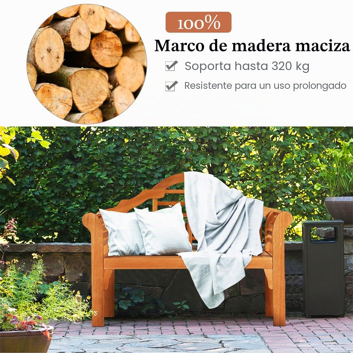KOMFOTTEU Banco de Jardín Plegable de 2 Plazas de Madera de Acacia | Silla de Parque Ergonómico con Reposabrazos y Respaldo, Carga de 360 kg, para Terraza, Balcón