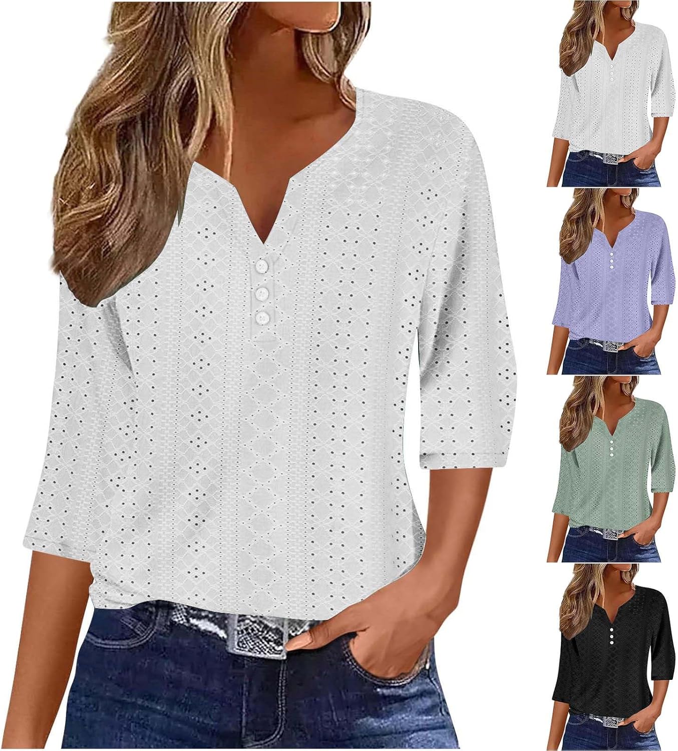 Women's Keyhole Contrast Lace Long Sleeve Tops V Neck Buttons Up Casual Loose Henley Shirts Ladies Dressy Tunic Blouse Black At Women's Clothing Store