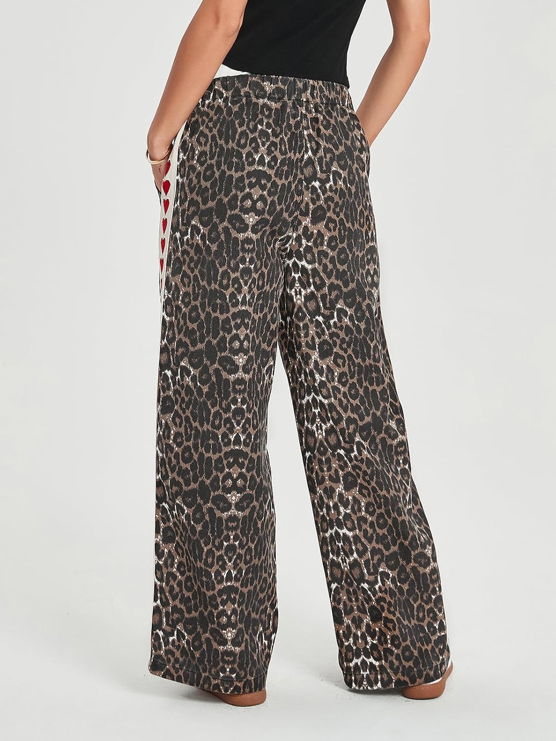 Kedera Women Leopard Heart Print Stripe Jeans Drawstring Stretch Elastic Waist Pants Y2K Casual Boyfriends Trousers