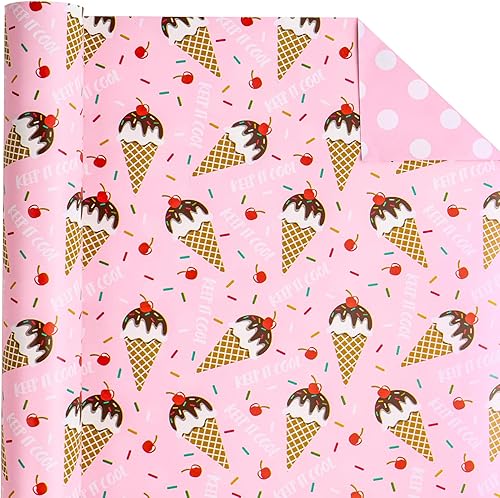 Miniatura 3 de WRAPAHOLIC Papel de regalo reversible, mini rollo, 17 pulgadas x 33 pies, diseño de helado para cumpleaños, vacaciones, fiestas, baby shower
