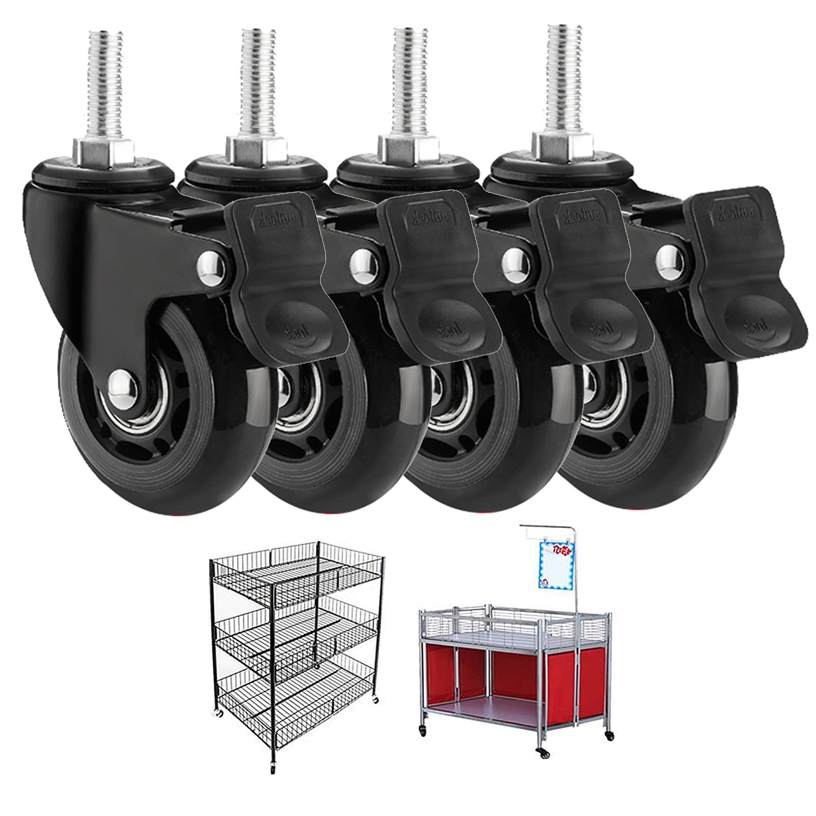 GYRAZXS M10 x 25 mm Swivel Castors with Thread Rubber Wheels for Furniture Heavy Duty Replacement Castors with Brakes for Trolleys Workbenches Cribs Smooth Mobility
