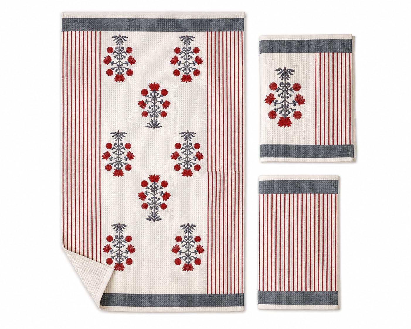 Hand Block Towel Set of 3 (Grey- Red)-image-49