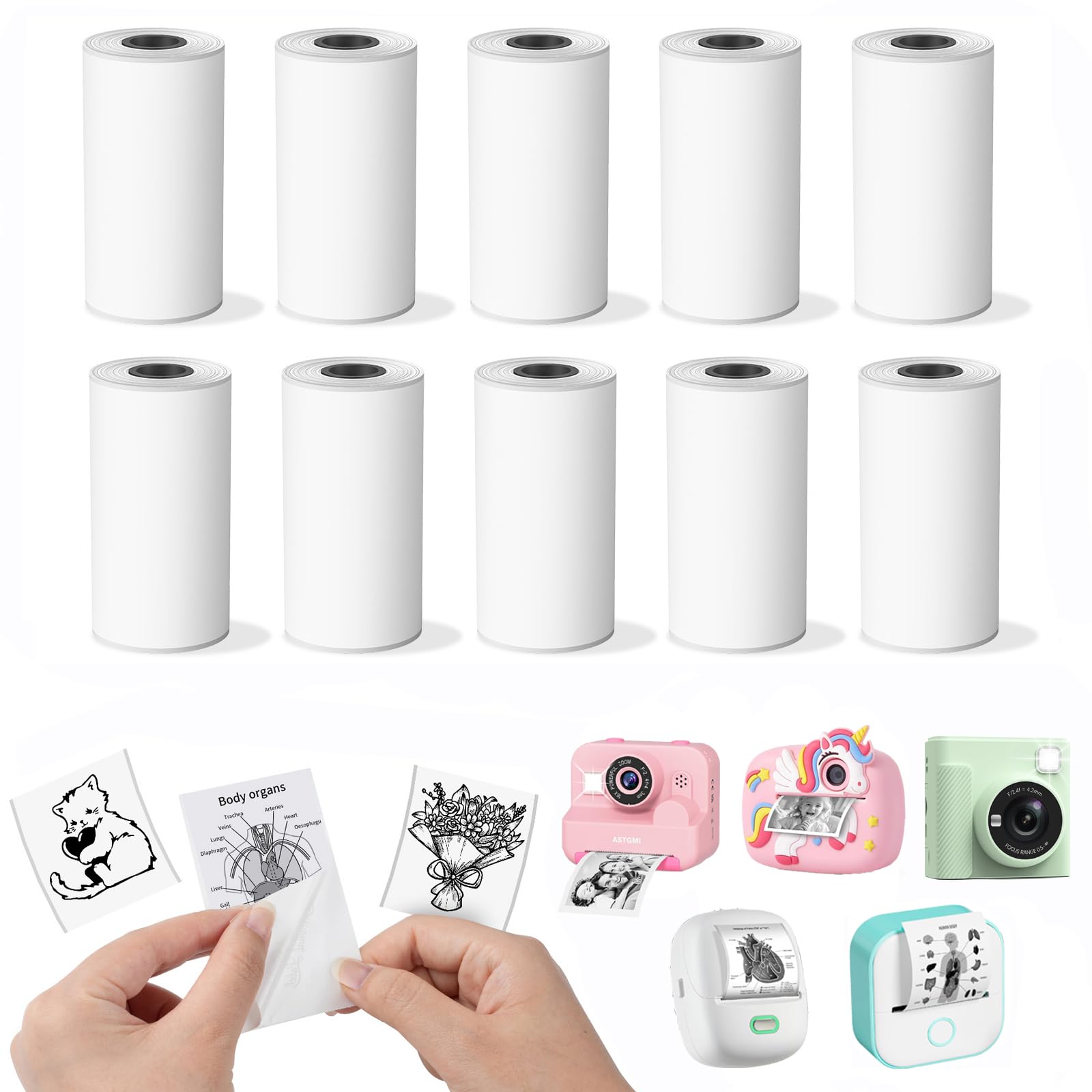 10 Rotoli di Carta Adesiva Compatibili con ORGSTA S002/Memoking T02 Q02E/Lovcoyo X6 Mini Stampante Termica, Rotolo di Carta da Stampa 2'' per Fotocamere Istantanee per Bambini, Bianco, Senza BPA