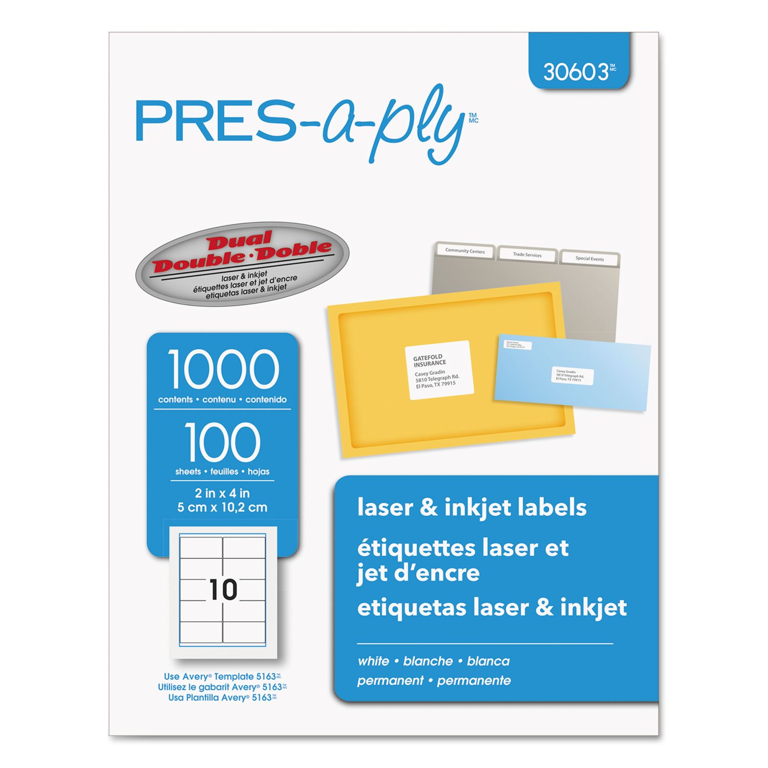 PRES-a-ply Mailing Labels (Set of 2) [Set of 2] Quantity: 1000 / Box, Label Size: 4" H x 2" W