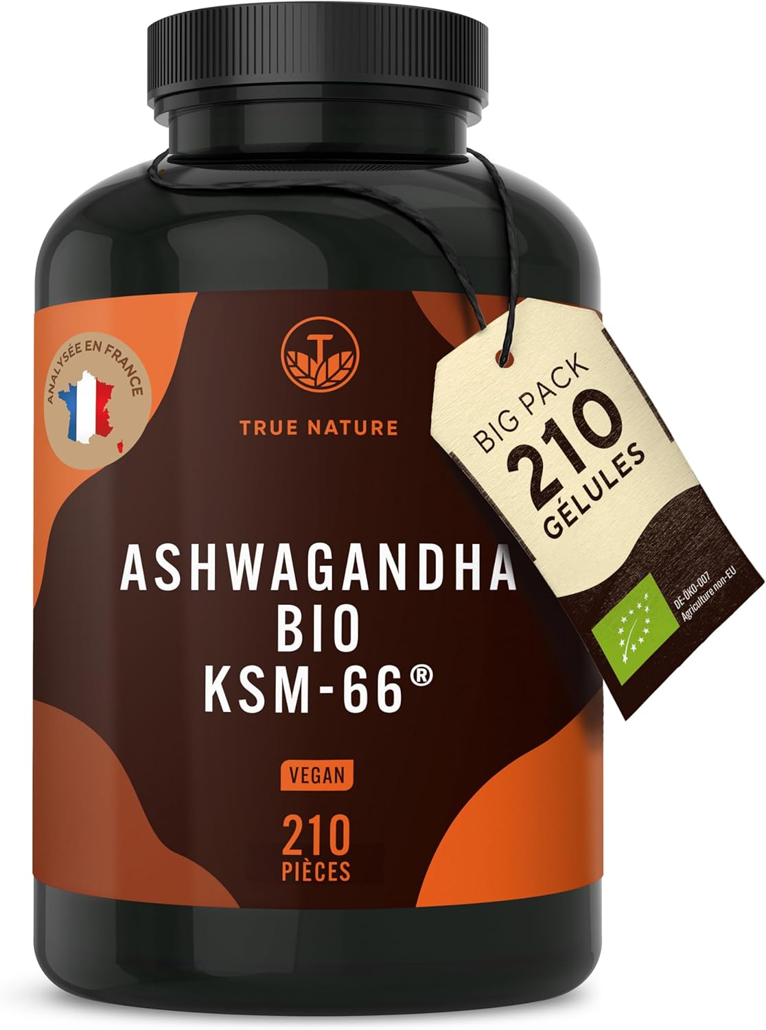 Bio Ashwagandha KSM-66 | Patented active ingredient – 210 Capsules – 600mg, of which more than 5% Withanolide – Vegan, Ayurveda – Free: Lactose & Gluten – TRUE NATURE