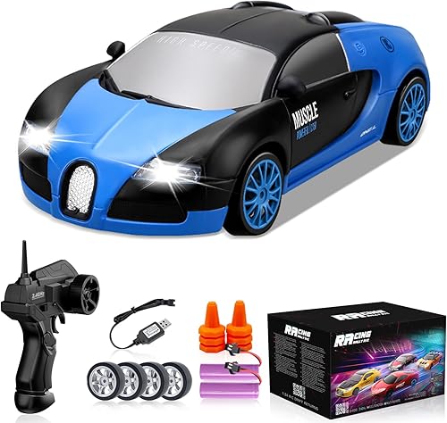 Miniatura 7 de Coche de control remoto 124 2.4GHz 4WD RC Drift Car, recargable de alta velocidad RC con luces frías, dos baterías y neumáticos adicionales,