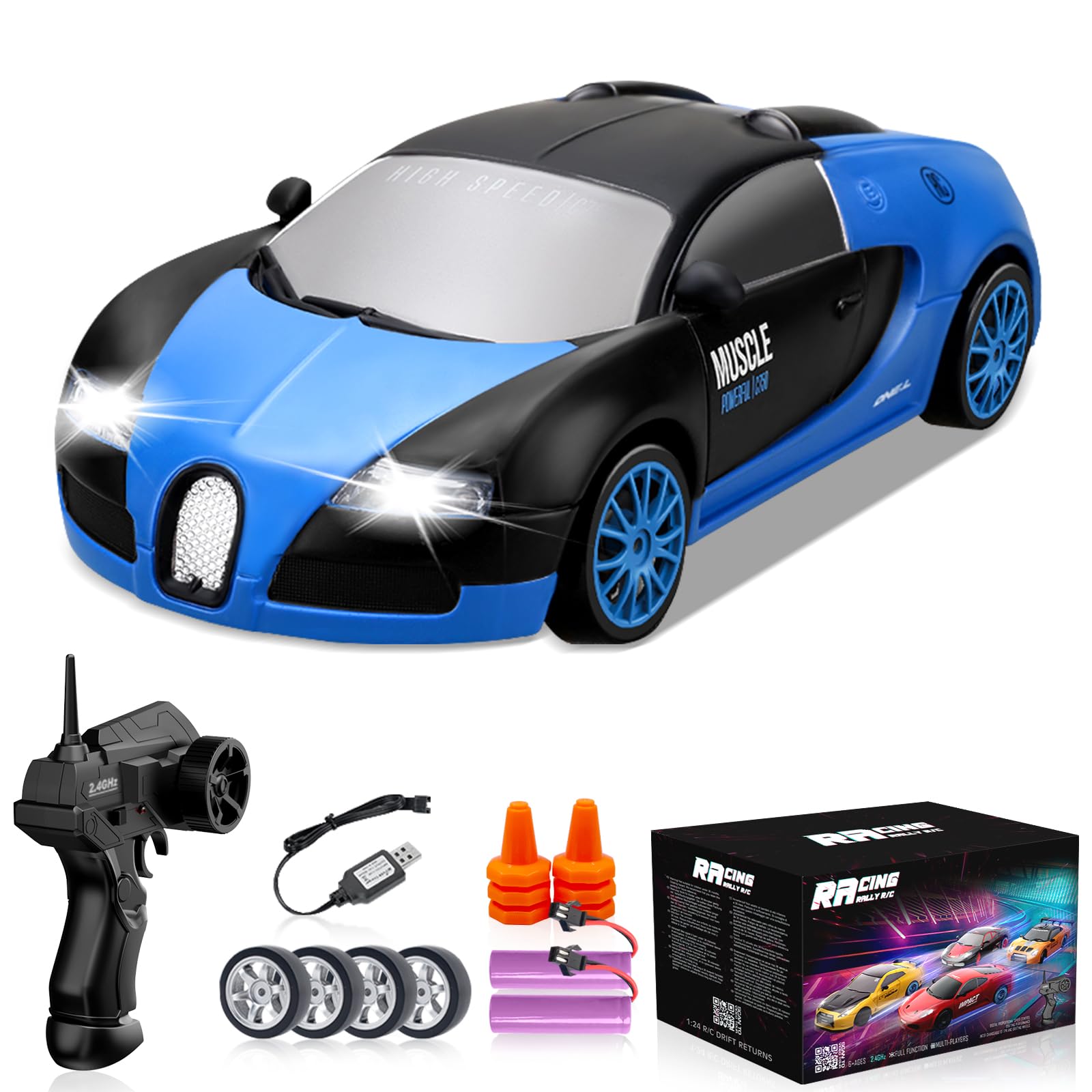 RC Drift Car, 1:24 4WD Drifting RC Cars 2.4GHz High Speed Remote Control Car with LED Light, Two Batteries and Drift Tires Racing Toy Cars for Kids Boys Girls Adults, Blue