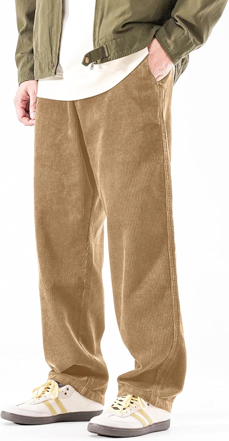 PLEPAN Mens Corduroy Pants Baggy Wide Leg Casual Elastic Waist Drawstring Loose Fit Sweatpants