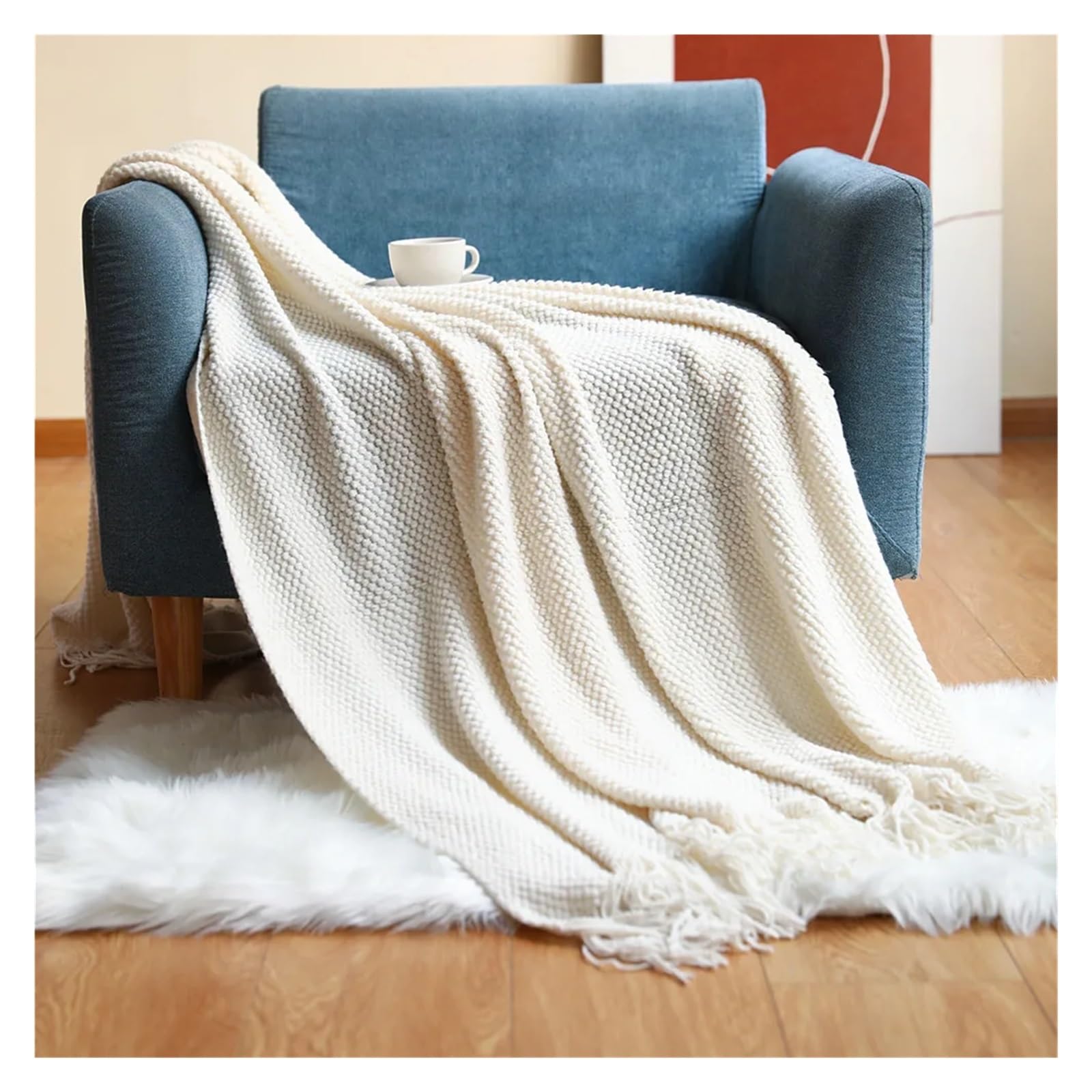GCYEIDMA Throw Blanket Corn Grain Embossed Knitted Blanket Home Decorative Thickened Winter Warm Tassels Throw Bedspread 130x240cm(Color5)