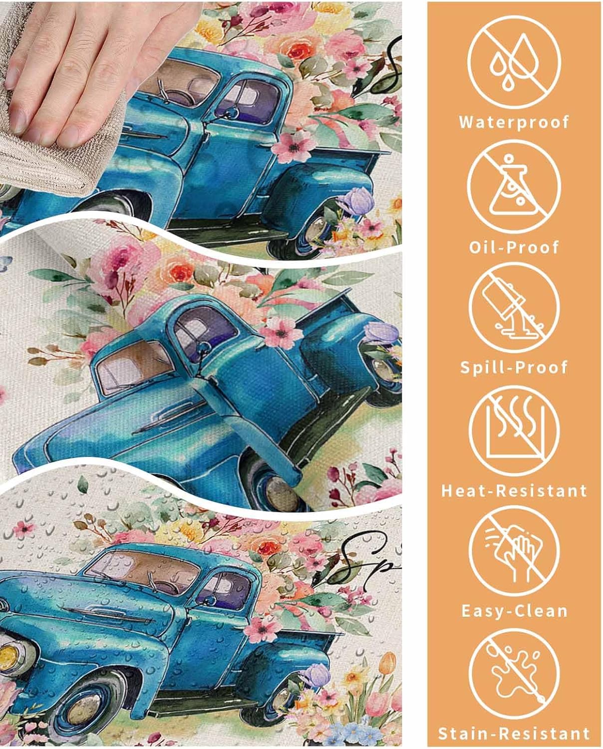 Tablecloths for Rectangle Tables 60x120 Inch, Waterproof Washable Polyester Tablecover Hello Spring Blue Truck and Spring Flowers Burlap Texture Spillproof Wrinkle Free Table Cloth for Kitchen