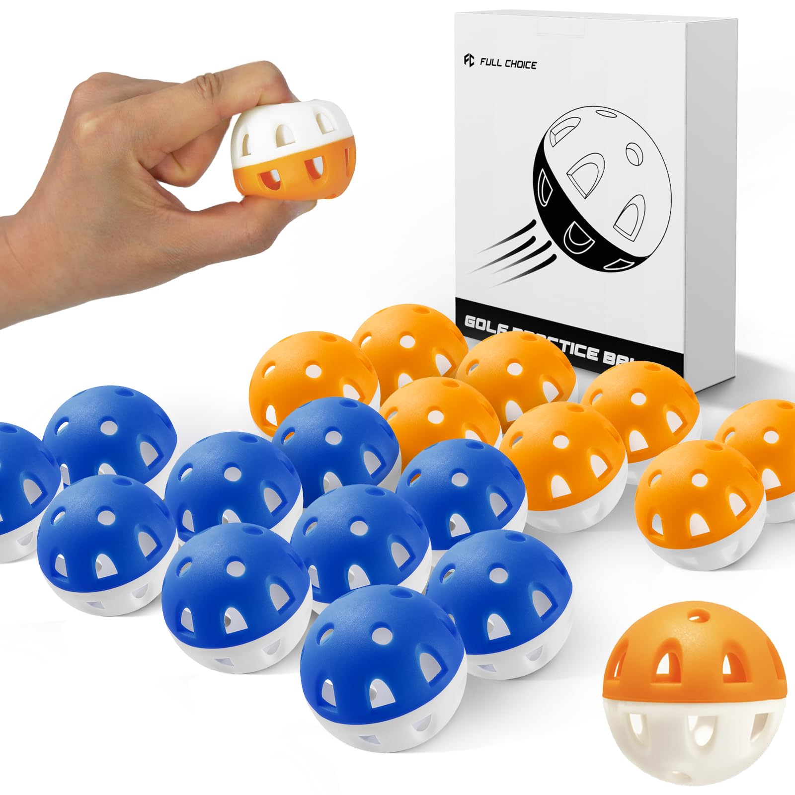 Full Choice Wear-Resistant Practice Golf Balls (20 Pack), High Visibility for Easy Tracking, Limited-Flight, Golf Balls Design, Indoor & Outdoor, 10 Orange & 10 Blue