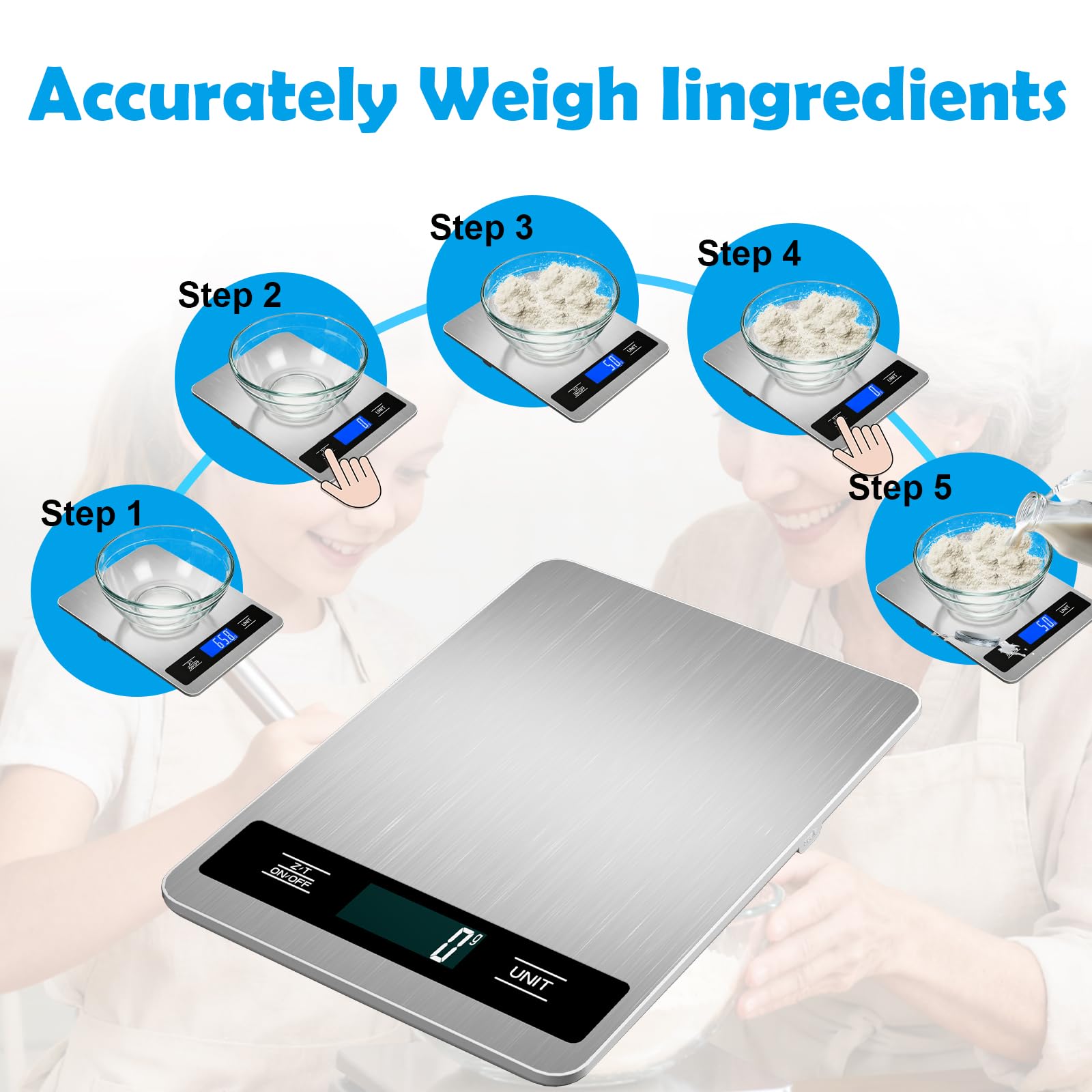 Báscula digital de cocina para alimentos, 15 kg, precisión de 1 g, acero inoxidable, ligera, con baterías, para cocinar, hornear, preparar comidas