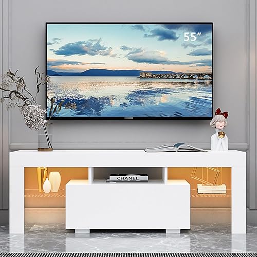 Soporte de TV, moderno soporte de TV con luces LED, soporte de TV LED para TV de 32, 43, 45, 50, 55 pulgadas, centro de entretenimiento con estantes