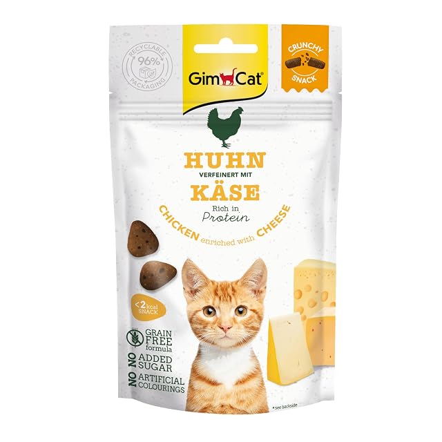 GimCat Snacks crujientes Pollo con Queso - Golosinas para Gatos crujientes y ricas en proteínas
