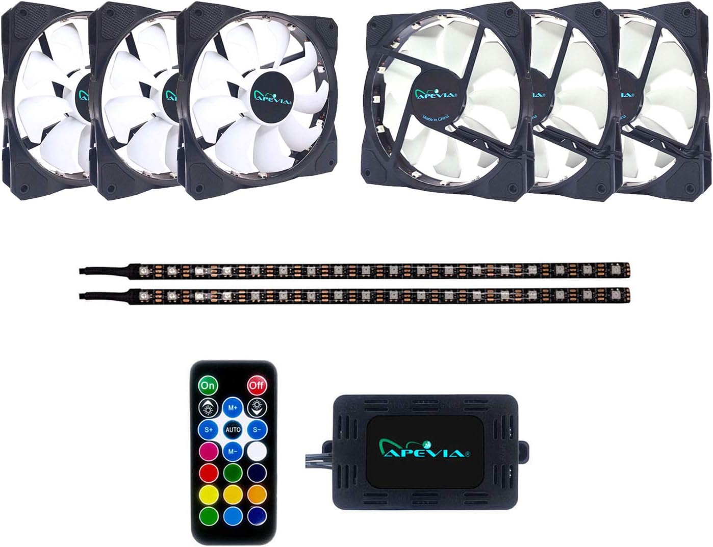 Apevia FB6P2-RGB Frostblade 120mm Silent RGB Color Changing LED Fan with Remote Control, 16x LEDs & 8X Anti-Vibration Rubber Pads w/ 2 Magnetic LED Strips (6+2-pk)