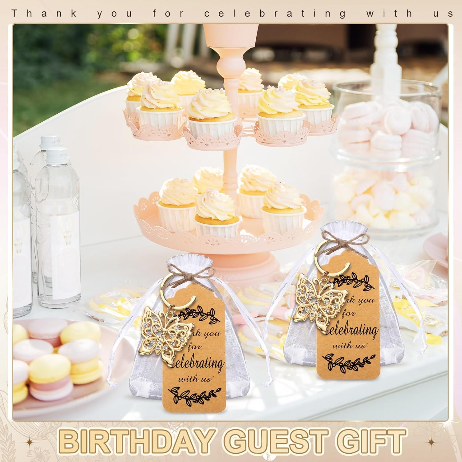 40 Set Butterfly Keychain Party Favor Bulk Butterfly Keyring Charm Accessories Souvenir Present Kraft Tag Organza Bag for Guest Baptism Bridal Baby Shower Wedding Mother Gift Supply (Gold)