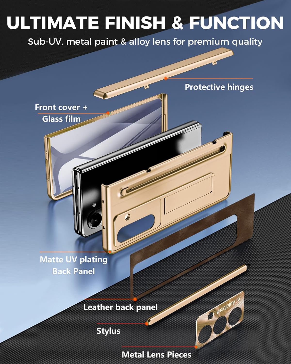 NINKI for Samsung Galaxy Z Fold 5 Case with S Pen & S Pen Holder, Kickstand & Front Screen Protector Hinge Electroplating Leather Phone Cover for Z Fold 5 Case with Stand and Stylus – Gold with Coffee