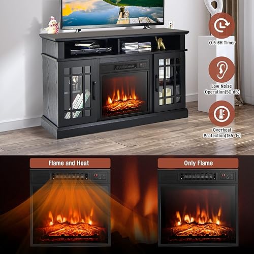 Miniatura 4 de GOFLAME Soporte de TV con chimenea para TV de hasta 55 pulgadas, centro de entretenimiento de madera independiente con chimenea eléctrica de 18