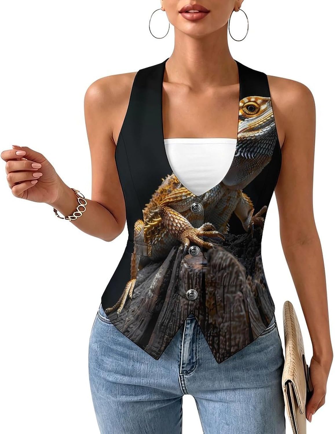 Lizards Bearded Dragon Women's Tuxedo Waistcoat Suit Vest | 3 Button V-Neck Slim Fit Casual Sleeveless Top