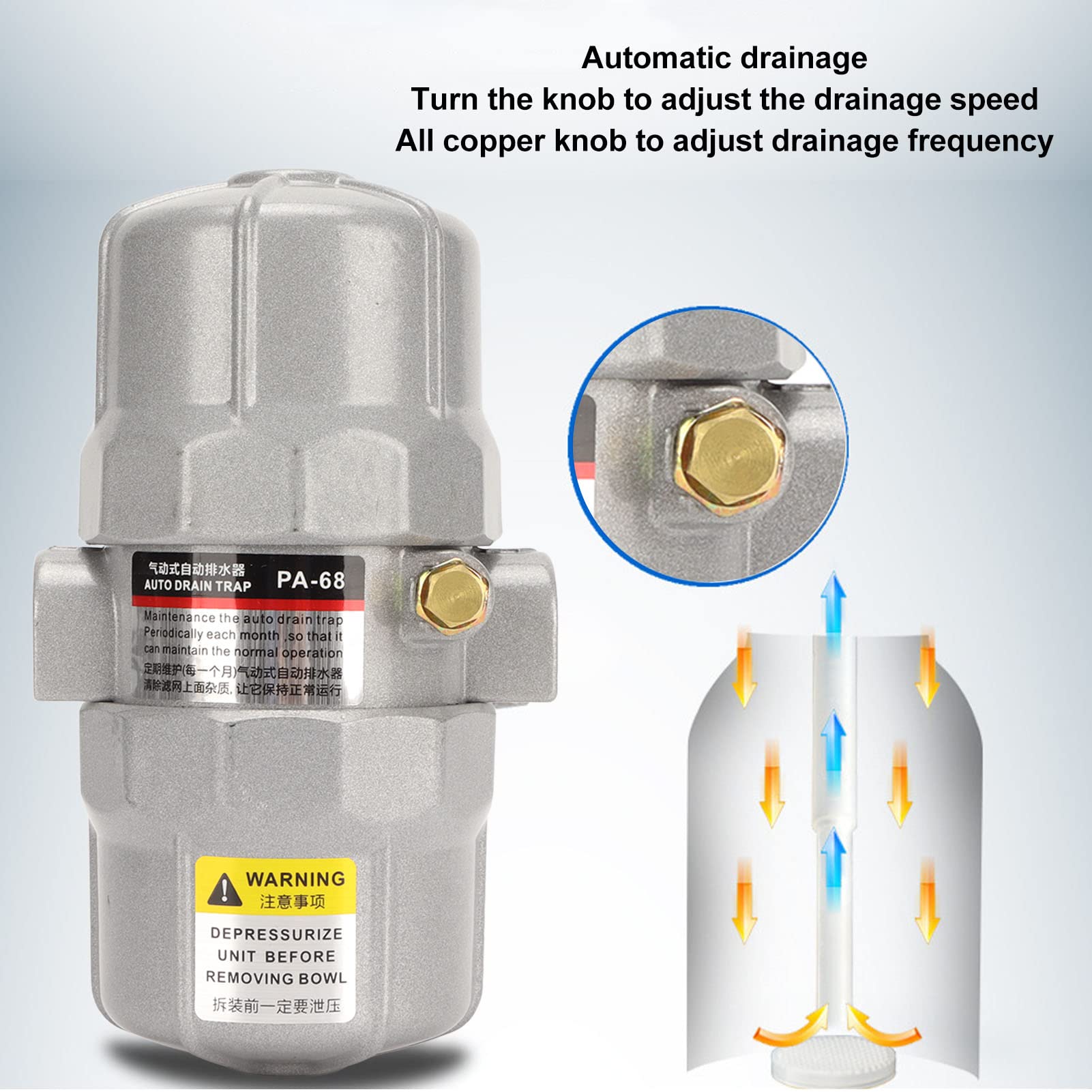 Valvola di scarico automatica universale, valvola di scarico pneumatica per sistemi di aria compressa, connessione NPT da 1/2 pollice con manopola in ottone regolabile, corpo in
