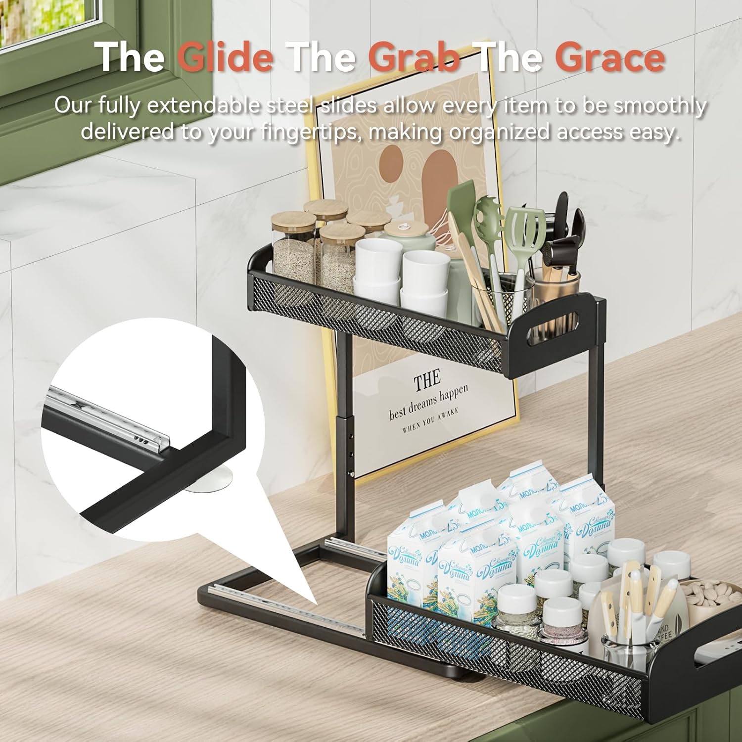 YASONIC 2 Pack Under Sink Organizer, 2 Tier Height Adjustable Kitchen Cabinet Organizer, Pull Out Metal Cabinet Shelf Organizer, Under the Sink Organizers and Storage for Kitchen & Bathroom, Black