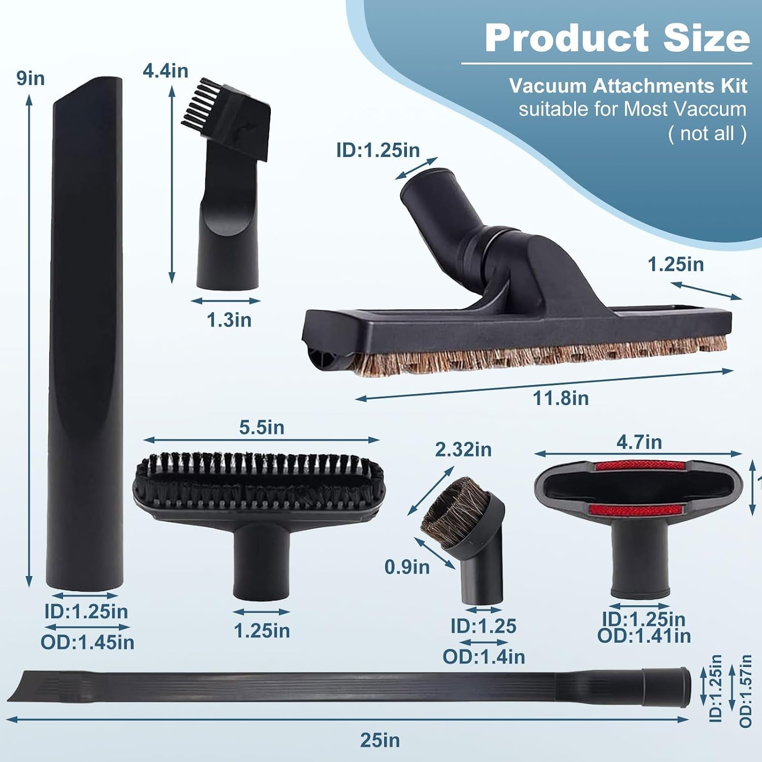 12 Pcs Universal Vacuum Attachment Kit, Vacuum Hose Adapter, 1-1/4" Vacuum Cleaners Accessories with Horse Hair Brush Extension Wand Wheeled Floor Brush Flexible Crevice Tool image 3