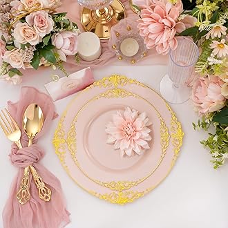 102PCS Pink Plastic Plates - Pink and Gold Plate - Heavyweight Disposable Plate with Gold Rim - Fancy Dinner & Dessert Plates for 51 Guests Weddings & Mother's Day & Parties