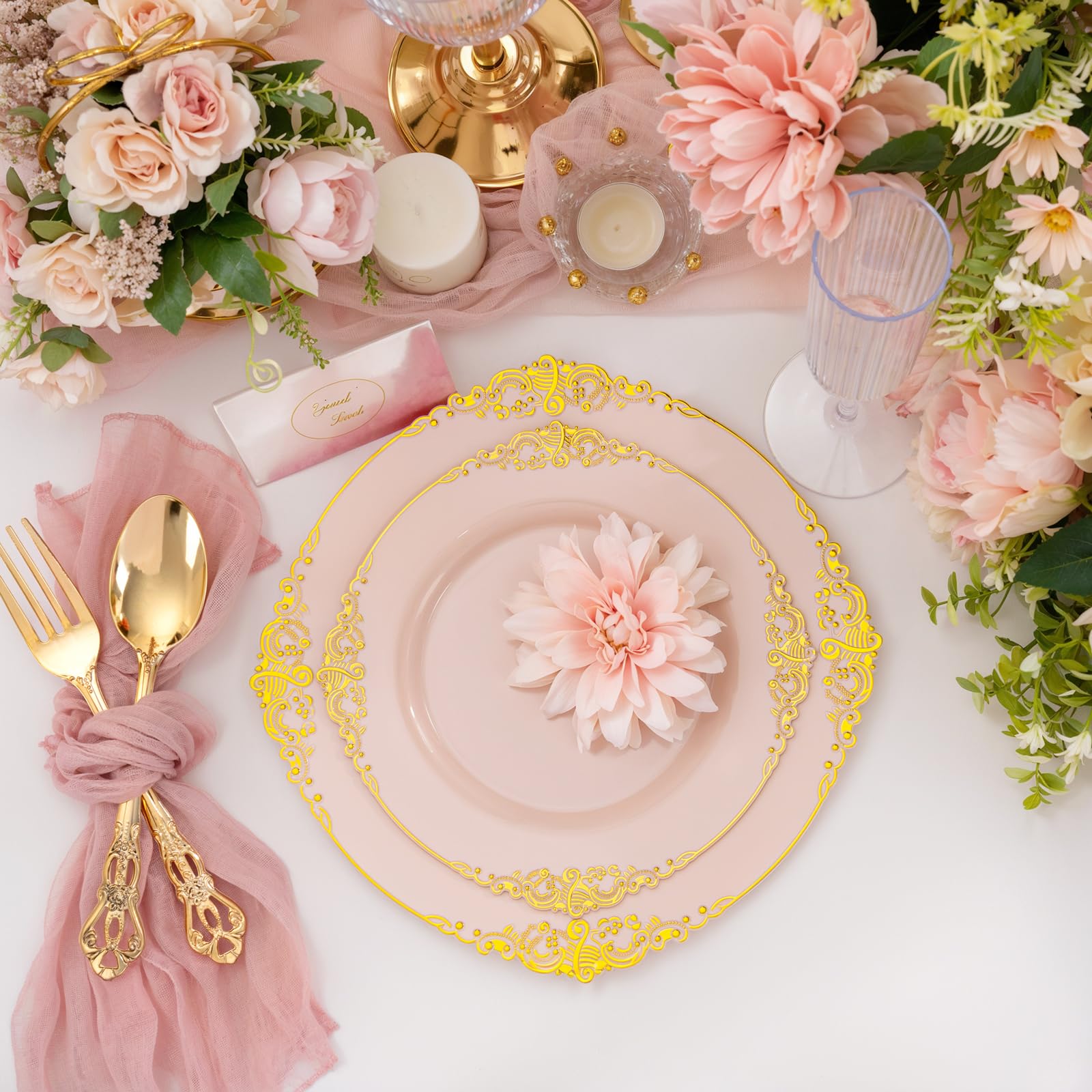 102PCS Pink Plastic Plates - Pink and Gold Plate - Heavyweight Disposable Plate with Gold Rim - Fancy Dinner & Dessert Plates for 51 Guests Weddings & Mother's Day & Parties