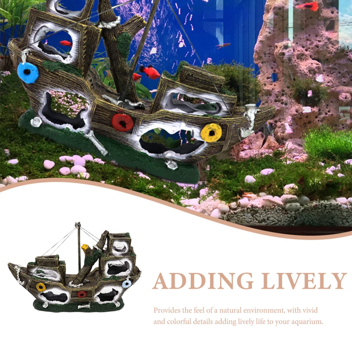 Happyyami Modelo De Decoración De Acuario Pecio De Barco Pirata Adorno Creativo para Peces y Acuarios Duradera y