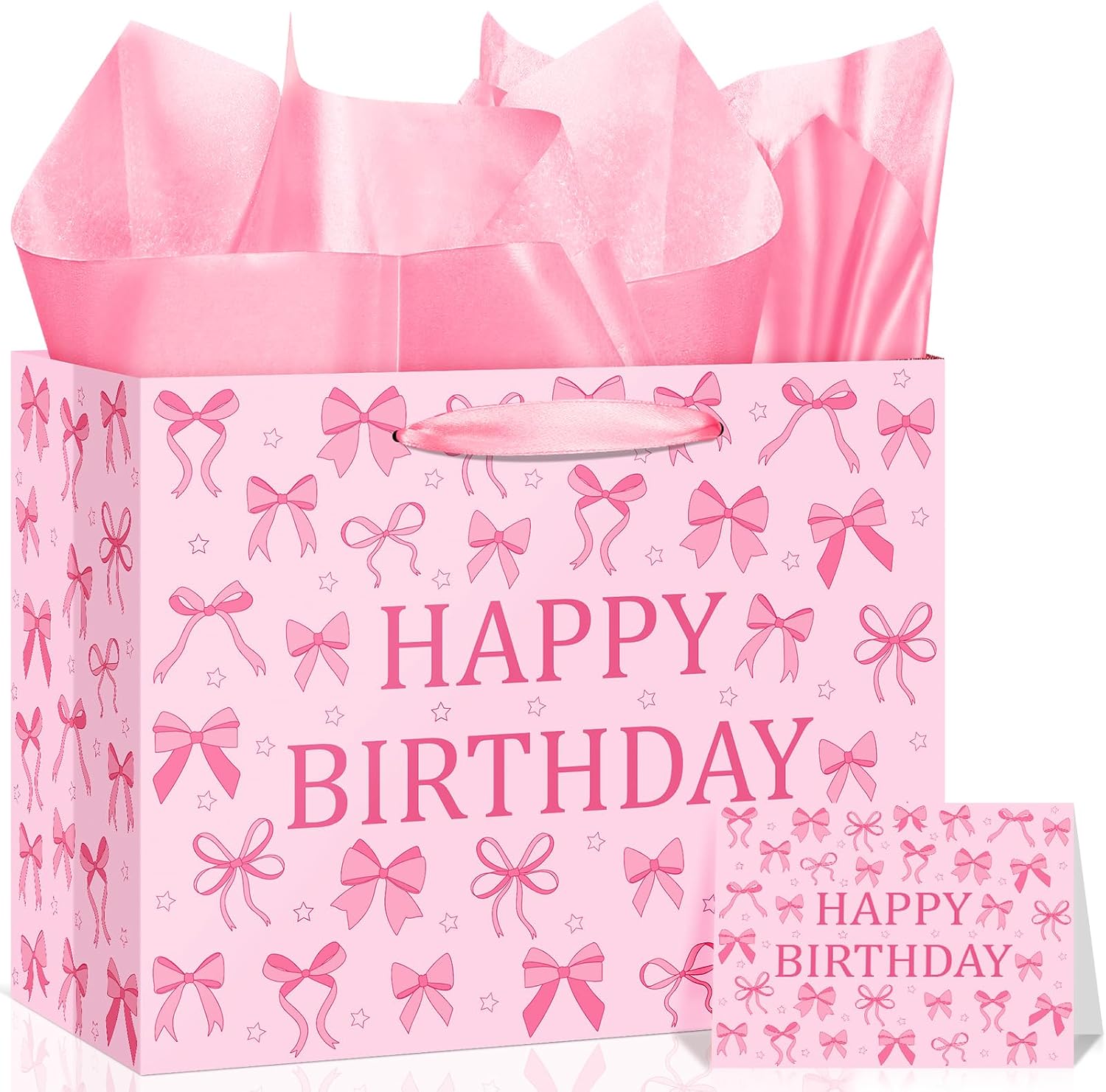 Pink Bow Birthday Gift Bag with Tissue Papers & Card,Coquette Girly Bowknot Gift Bag for Her,Women,Girl Baby Shower,Mother,Daughter,Friend,Female Teacher Birthday Celebration Presents Goodie Treatbag