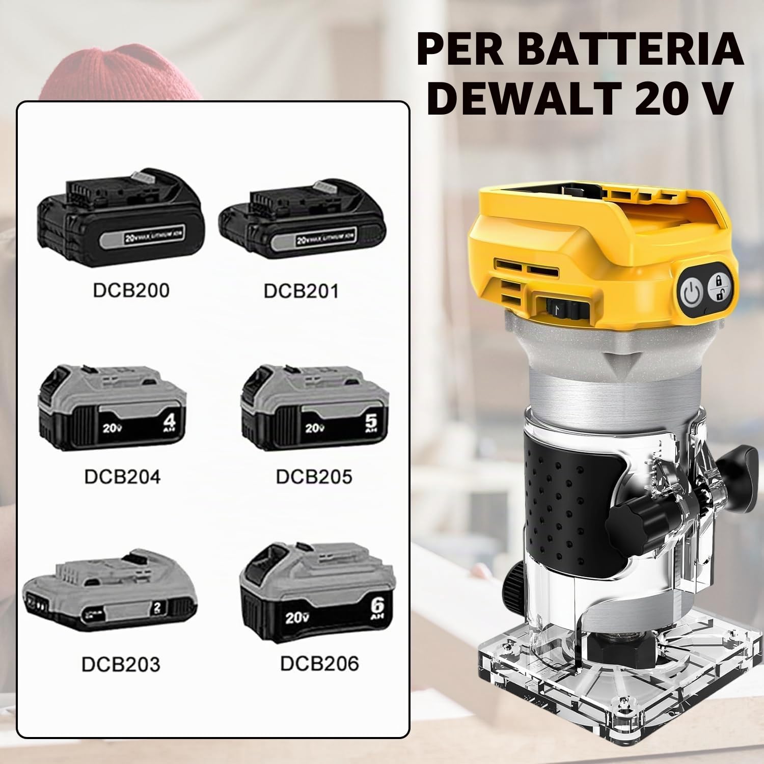 Fresatrice Verticale Compatibile con Dewalt 20V Batteria, Fresa Senza Spazzole da 1300W, 6 Velocità Portatile Fresatrice a Mano con Ruota di Guida, Guida Dritta, 15 Frese e 2 Chiavi (Senza Batteria)